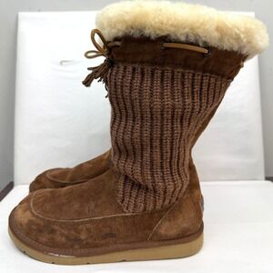 UGG Australia 5124 Women Suede Knit Tall Boots Shearling Trim Chestnut Brown Sz8